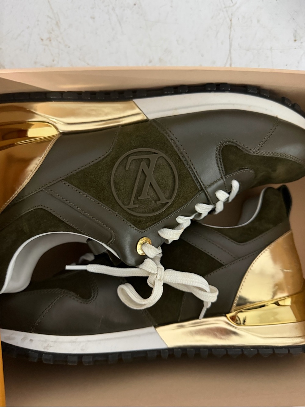 Men's Olive Green Leather Sneakers with Gold Accents